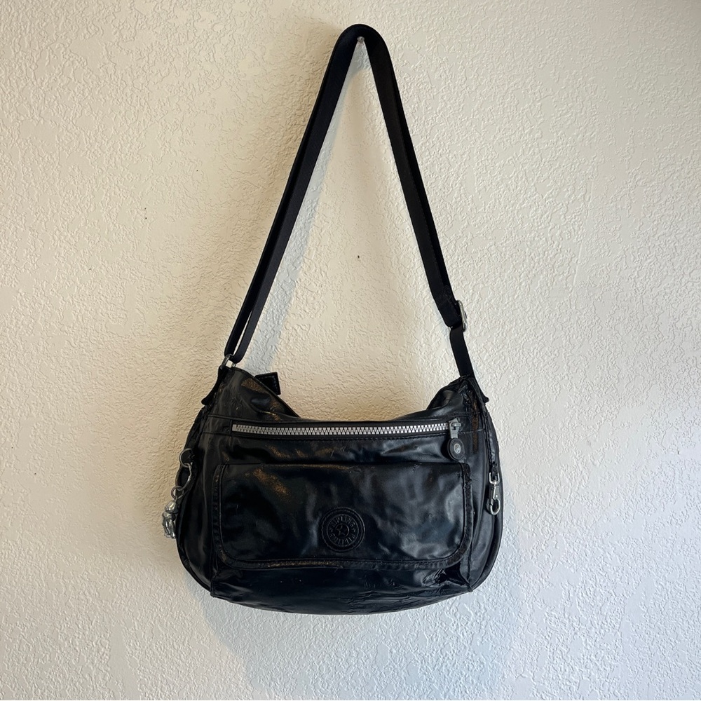 Black Kipling Crossbody Bag with Monkey Keychain Authentic Shiny Glossy Material
